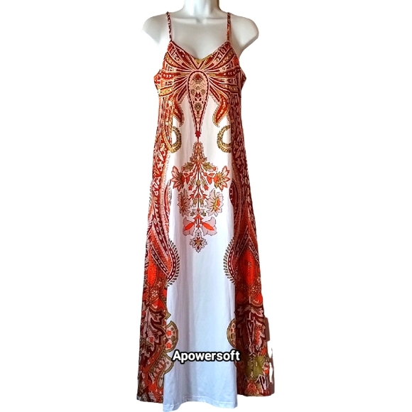Bohemian Orange and White Maxi Dress (0327) - Picture 1 of 8